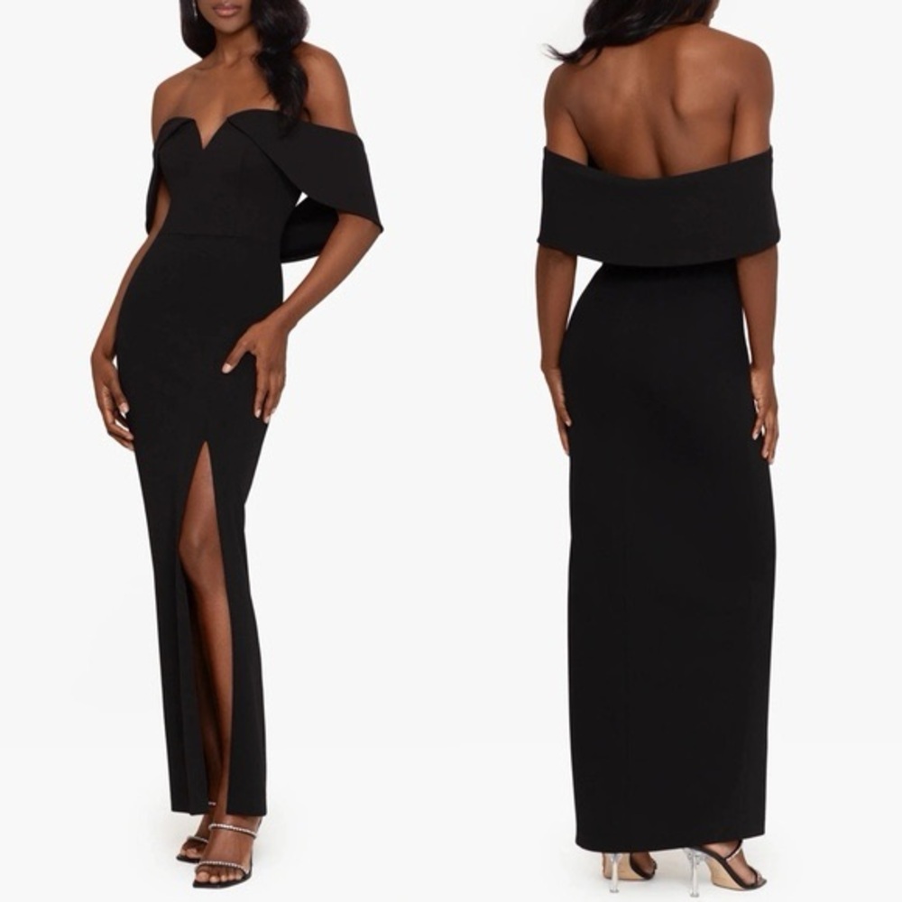Xscape Black Off-Shoulder Evening Dress